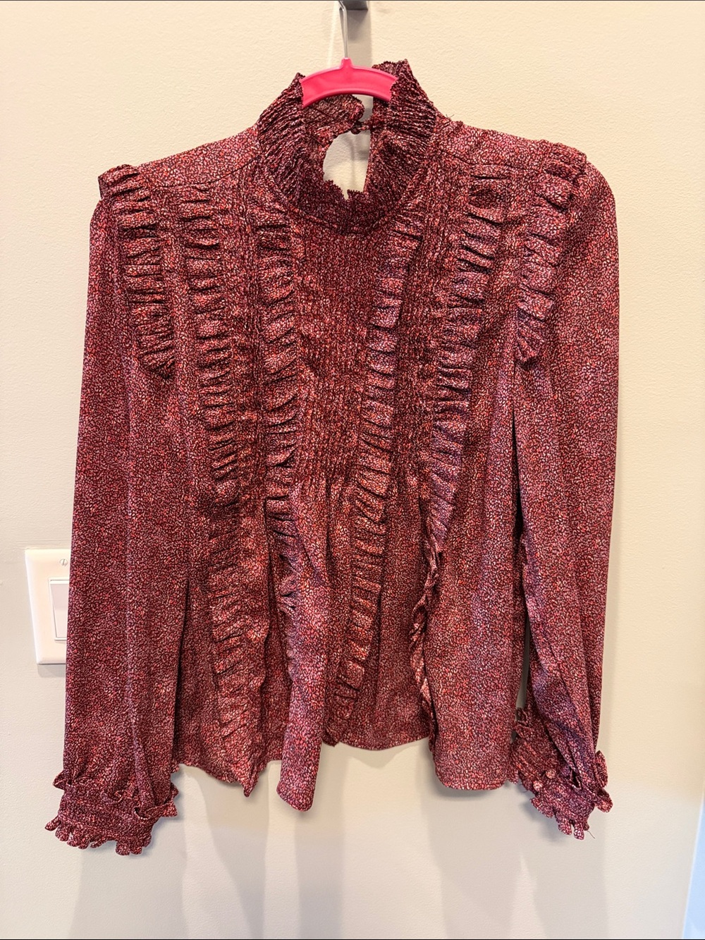 Dear John Burgundy Ruffle High-Neck Blouse